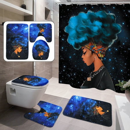 Christmas Bathroom Sets Sale 4PCs Waterproof Shower Curtain Set African Girl with 10 Hooks +Non-Slip Pedestal Rug + Lid Toilet Cover + Bathroom Bath Mat Doormat Set for Home Kitchen Decor Christmas Gift ()