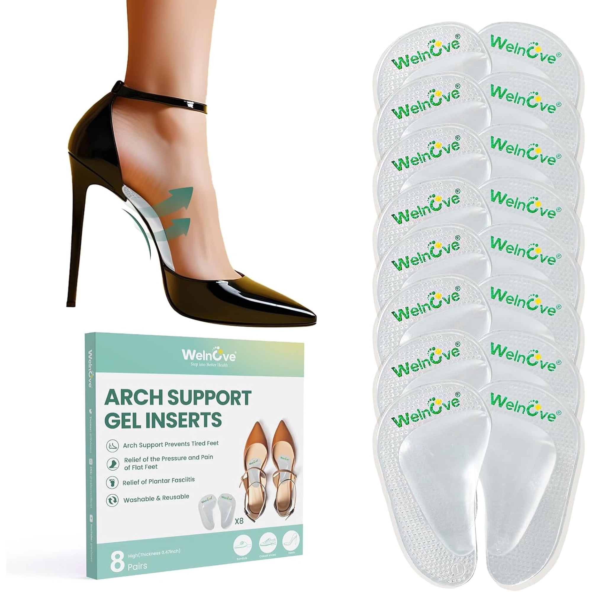 Welnove Soft Gel Arch Supports Flat Feet Plantar Fasciitis Gel Arch Support Insoles Foot Pain Fatigue Relief 8 Pairs Fit Most Shoes,0.47" Height，Clear