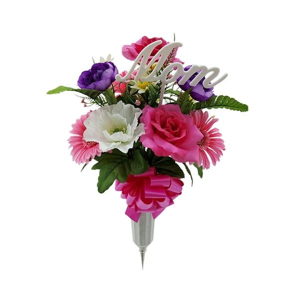 Mainstays 21in Outdoor Artificial Flowers in Vase with "Mom" Sign, Gerbera Mix with Ranunculus.