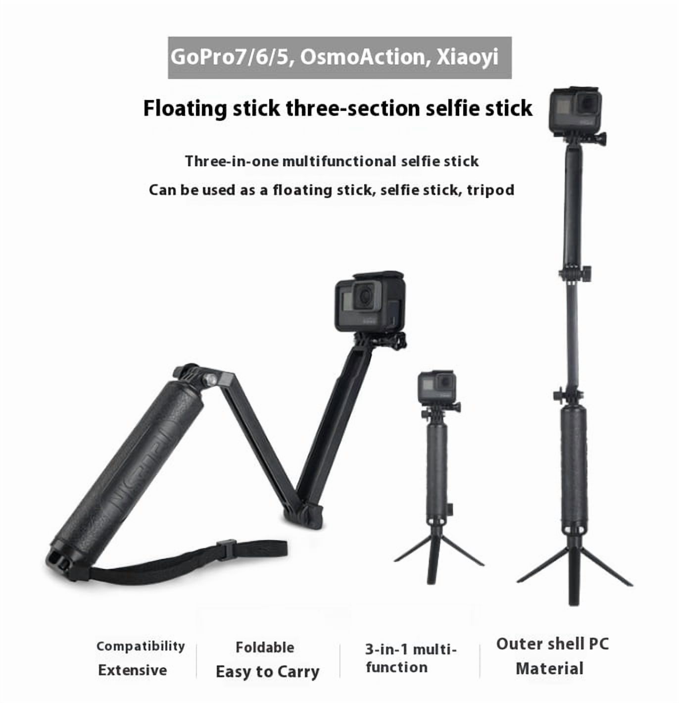 Three-Way Action Camera Grip Tripod Pole - Bigcan Multifunction Selfie Stick with Extension Arm, Waterproof Floating Handle for GoPro Hero 11/10/9, DJI Action 3/4, POV Shots and Travel Vlogging