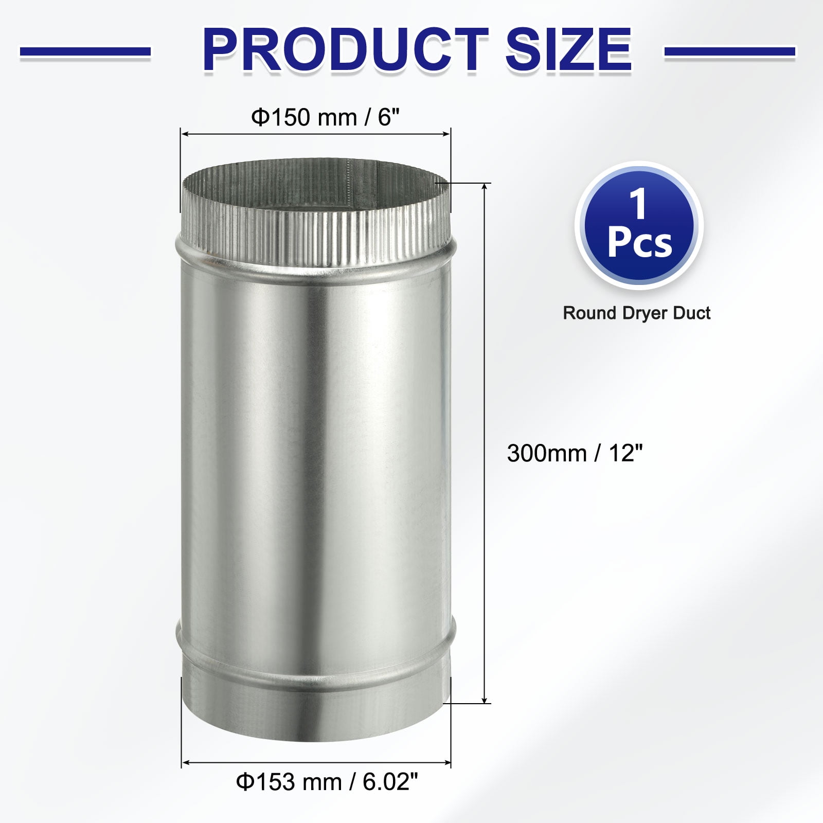 Uxcell 6 x 12 Inch Round Dryer Duct, 1PCS Galvanized Steel Crimped Straight Air Vent Duct Extension Coupler Pipe Adapter Connector for HVAC Dryer Hood Ventilation Chimney, Silver