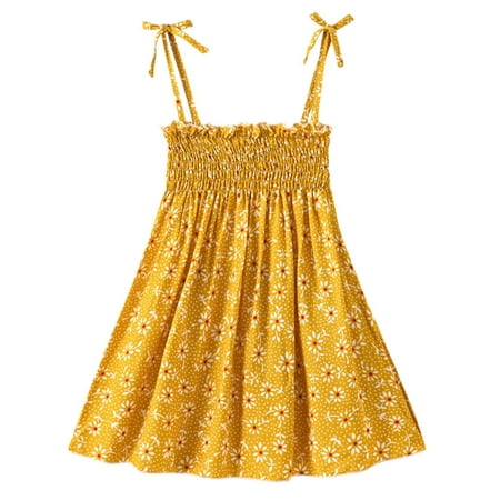 

Tking Fashion Toddler Baby Kids Girls Floral Flowers Ruched Strap Summer Princess Dress Yellow 90