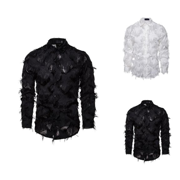 3d Feather Dress Shirt for Men Long Sleeve Button Down Collared Shirts Party Prom Shirt