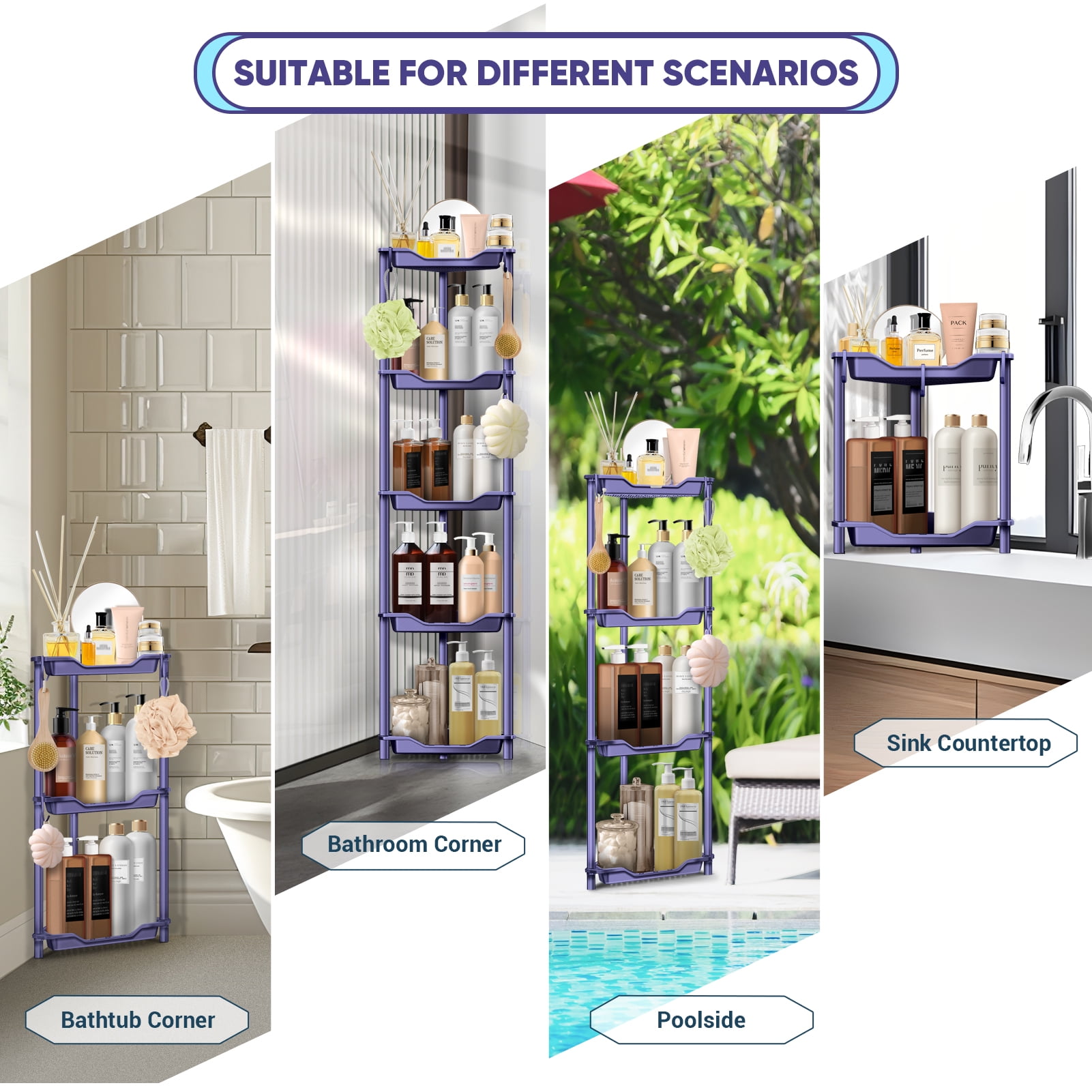 2 Tier Standing Shower Caddy for Bathroom Organizer: Rustproof Corner Shower Shelves Storage with Large Capacity - Shower Organizer Rack for Bathroom Essentials, Purple