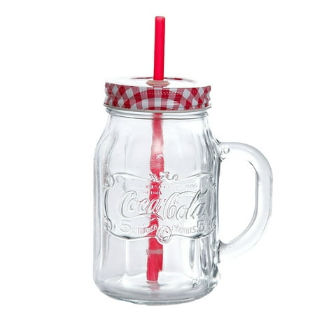 Coca-Cola Country Classic 20 oz Mason Jar W/Lid & Straw - Clear - Embossed Glass - O/S
