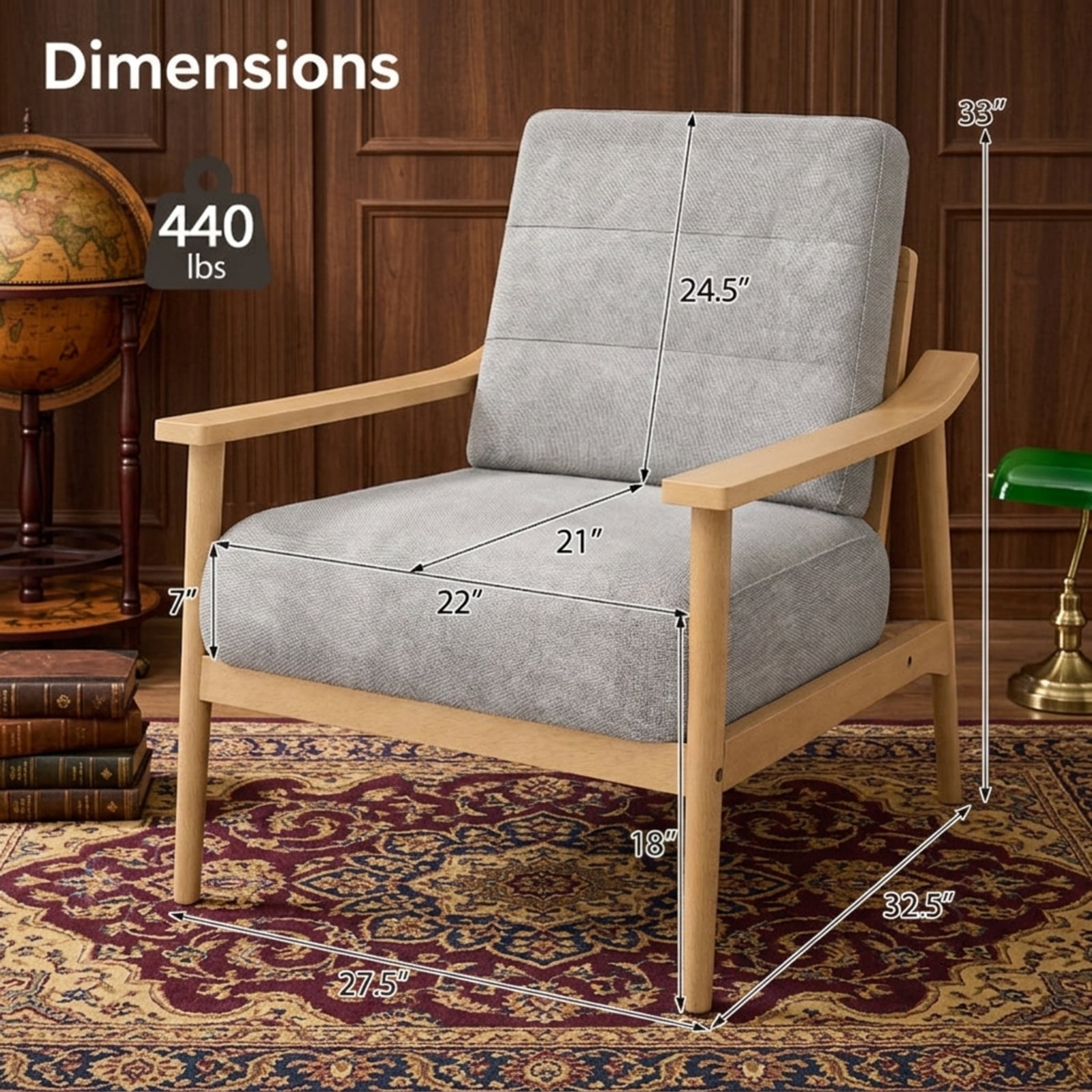 Furnibear Modern Accent Chair with Large Padded Seat Rubber Wood Armrests and Washable Back Cushion for Living Room and Reading Room, Natural