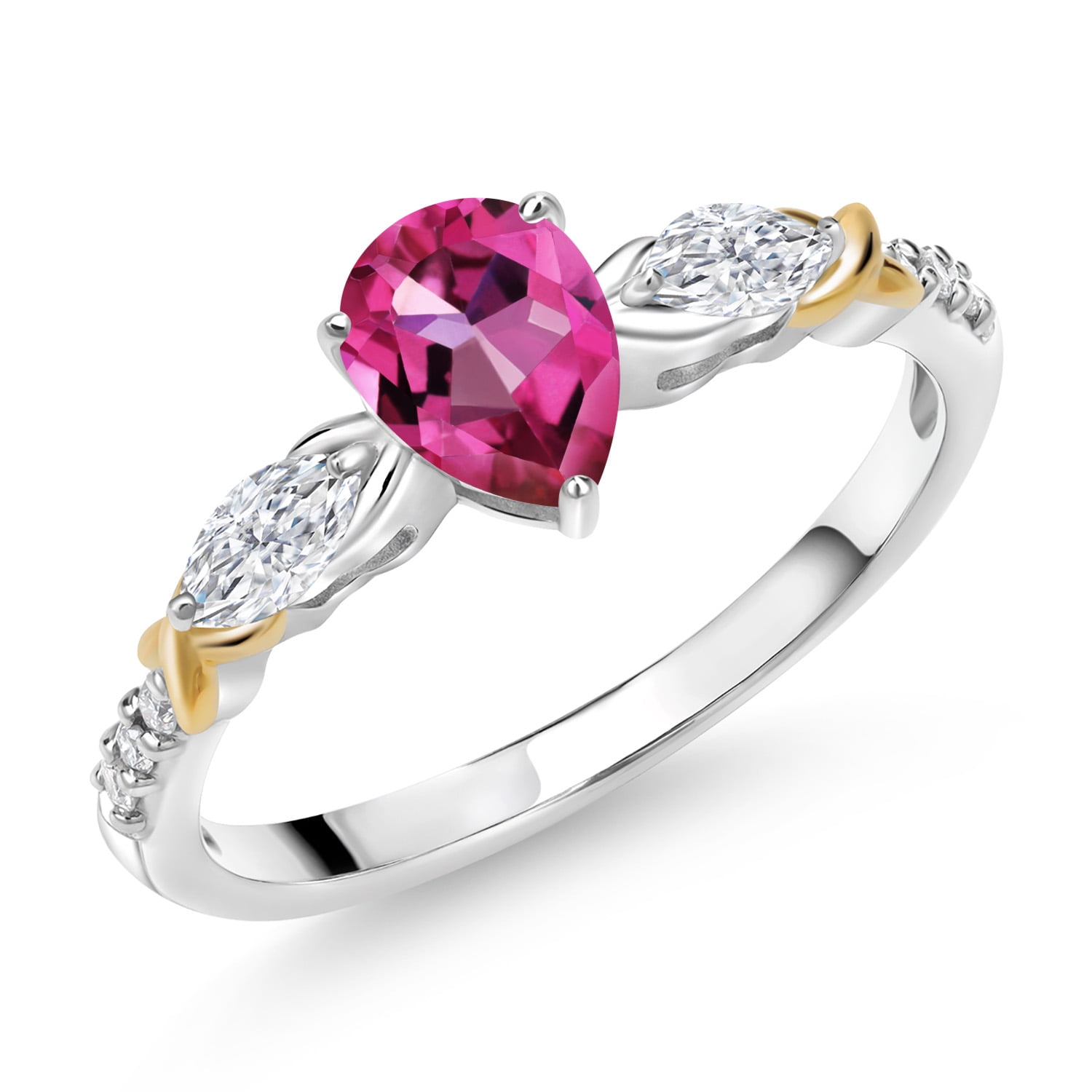 Gem Stone King 925 Silver 10K Yellow Gold Pear Shape Pure Pink Mystic Topaz White Moissanite and White Lab Grown Diamond Engagement Ring for Women (1.11 Cttw, Gemstone November Birthstone, Size 5)