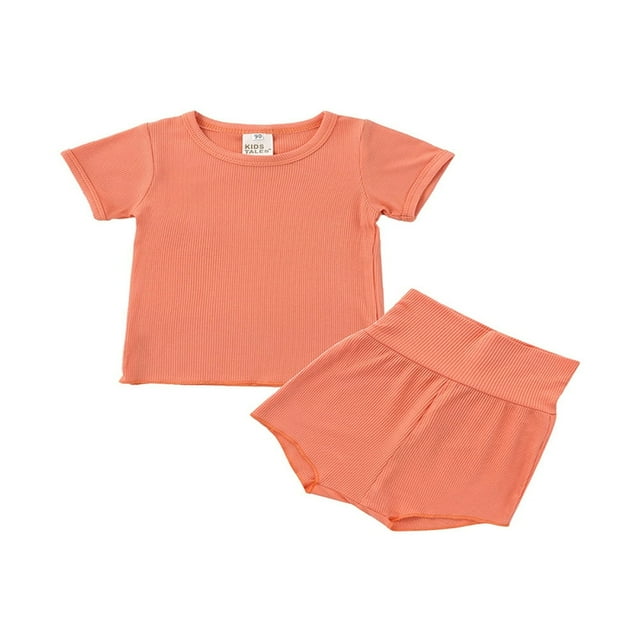 2 Pcs Unisex Casual Outfits Baby Solid Color Short Sleeve Neck Pullover + High Waisted Pants