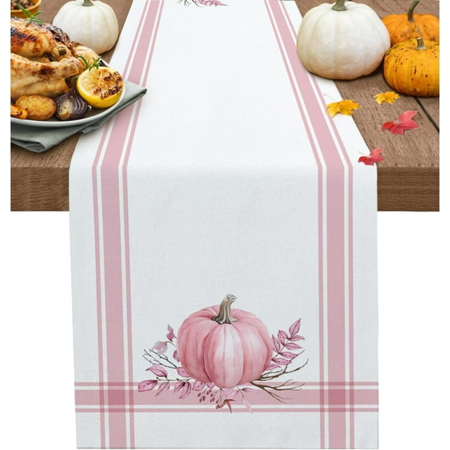Fall Thanksgiving Table Runner Pumpkin Leaf Branch Runners for Dining Tables Pink Stripes Autumn Dinner Runner Kitchen Parties Decor 13" x 48"