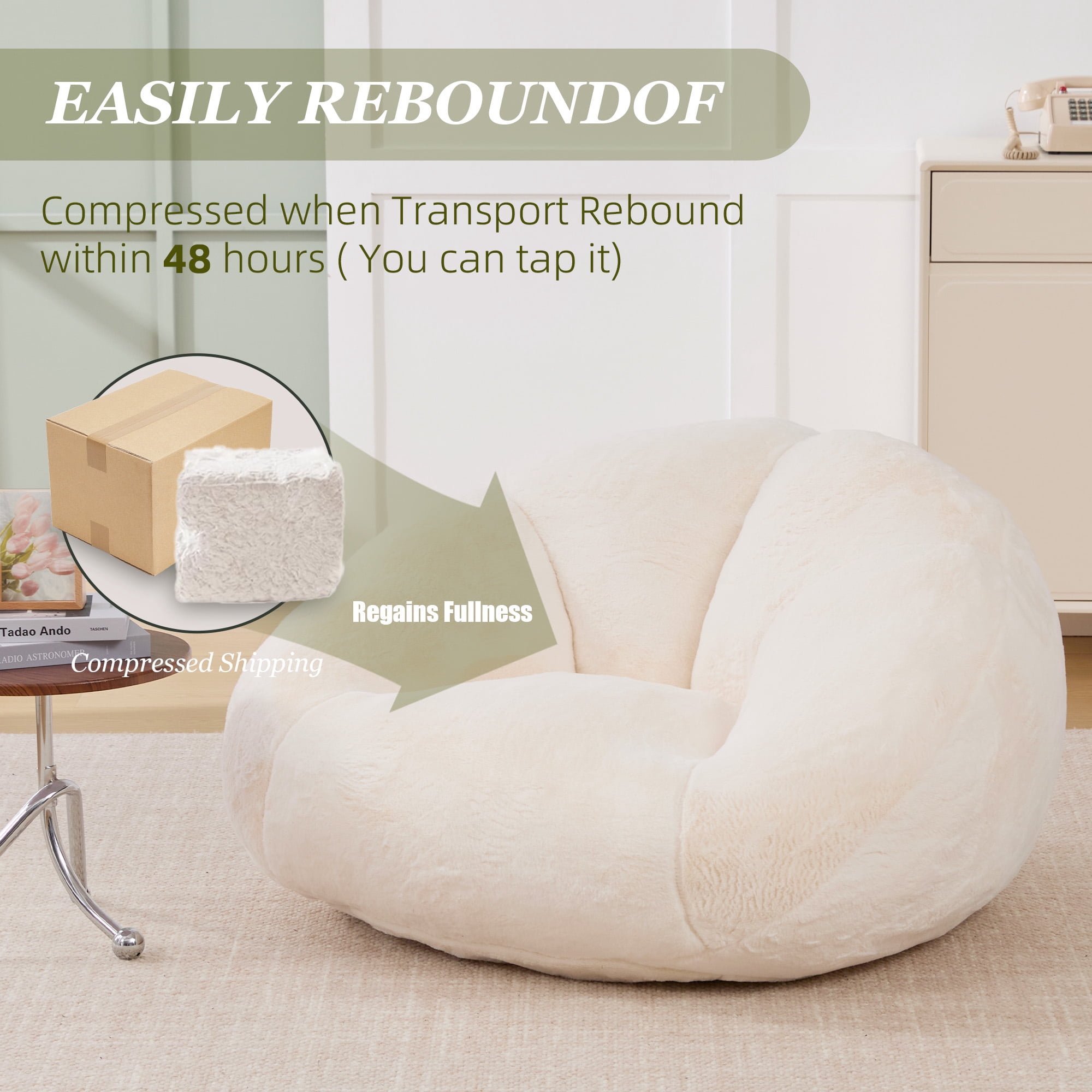 MOONMISS Bean Bag Chair for Adults & Teen,Floral Shaped Memory Foam Deep Sink-in Breathable Faux Fur Bean Bag Sofa,Easy to Clean for Living Room & Dorm,Beige