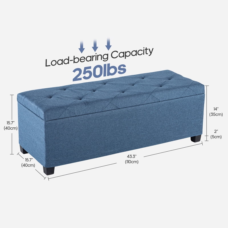 Gianna 43 Inch Storage Ottoman Bench, Tufted Upholstered End of Bed Chest, Foot Rest with Legs, Ample Capacity for Living Room, Entryway, Blue