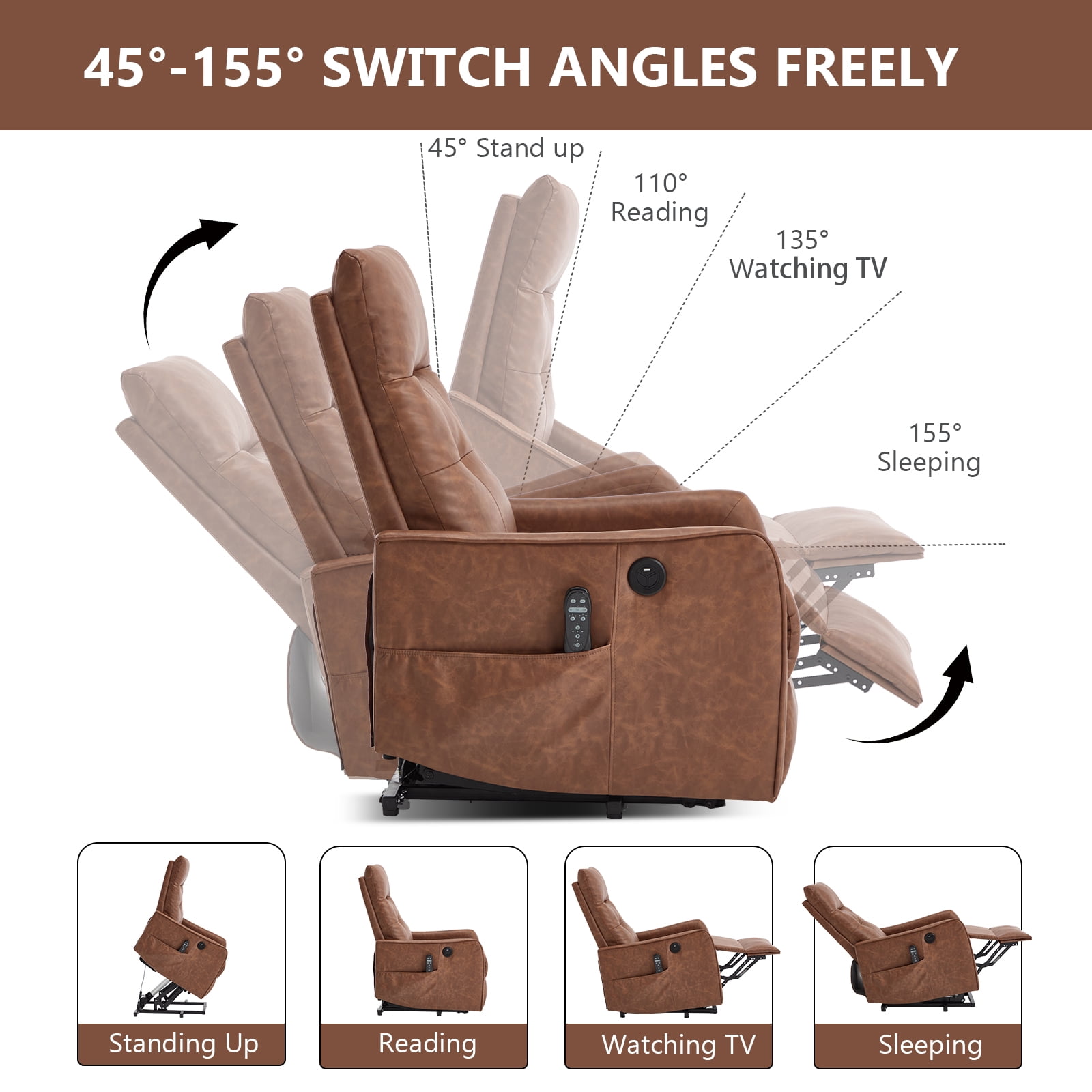 Gewnee Faux Leather Power Lift Recliner Chair with Vibration Massage & Lumbar Heat, USB Charging Port, Elderly Assist Chair for Living Room Bedroom，Brown