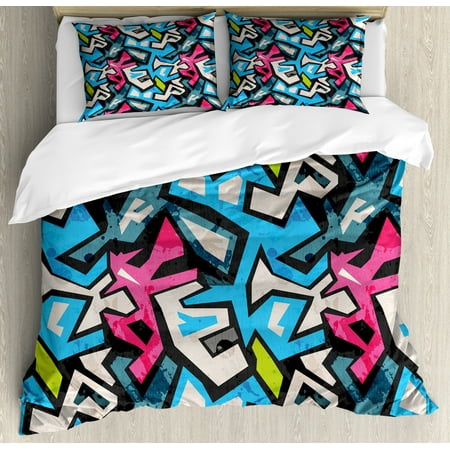 Grunge Duvet Cover Set Street Art Theme With Colorful Graffiti Funky Display Underground Urban Culture Decorative Bedding Set With Pillow Shams