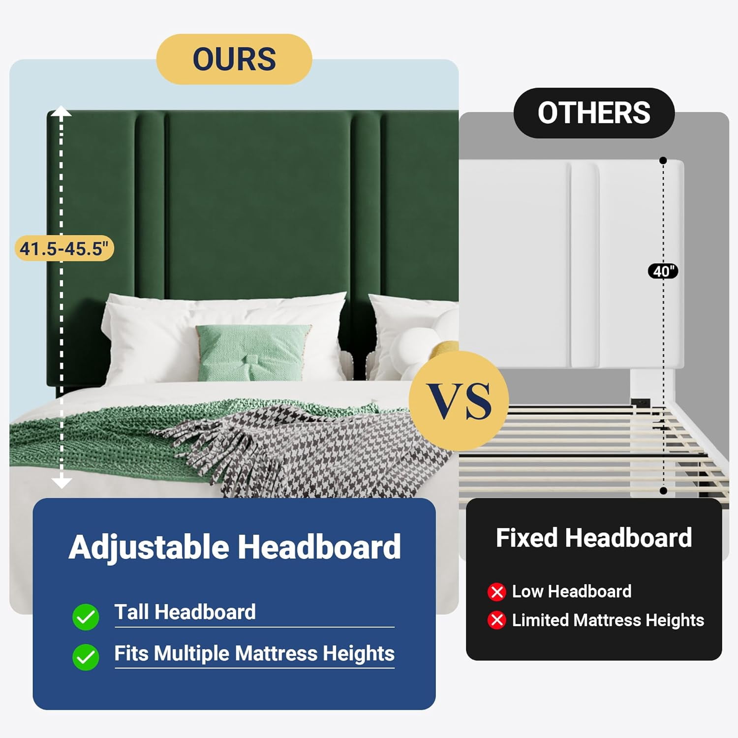Allewie Full Platform Bed Frame with Adjustable Headboard, Plush Velvet Upholstered, Vertical Channel Tufted, Sturdy Wooden Slats, No Box Spring Needed, Easy Assembly, Green