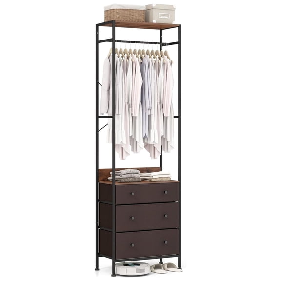 Clothes Rack with Drawers - Clothing Rack w/ 3-position Hanging Rod, Storage Shelves, Anti-toppling Devices, Clothes Stand, Heavy-duty Coat Rack Freestanding for Entryway, Garment Rack