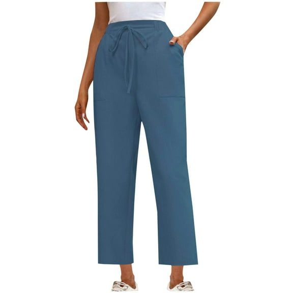 Efsteb Work Pants Women Elastic Waist Drawstring Baggy Pants Loose Business Casual Pants for Women Wide leg Pants Pants for Women Trousers Pants for Women Solid Color Trousers Blue M