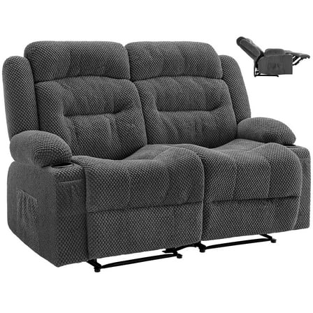 VEVOR Loveseat Recliner Sofa,Manual Reclining Couch with Heating and Massage, Soft Corduroy Recliner Sofa with USB Ports, Cup Holders and Side Storage Bags, Dual Loveseat Chair for Living Room, Grey