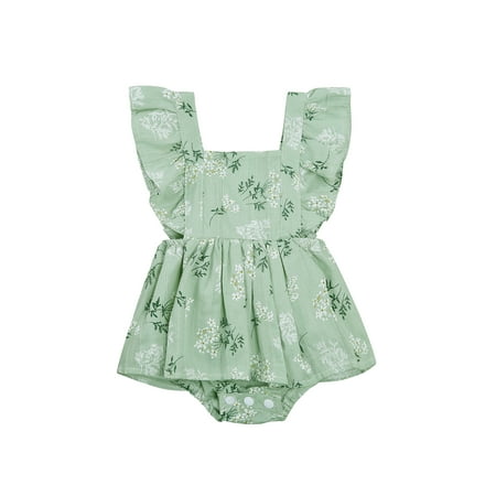 

Gueuusu Infant Sleeveless Romper with Flower Print Ruffle Hem Decoration