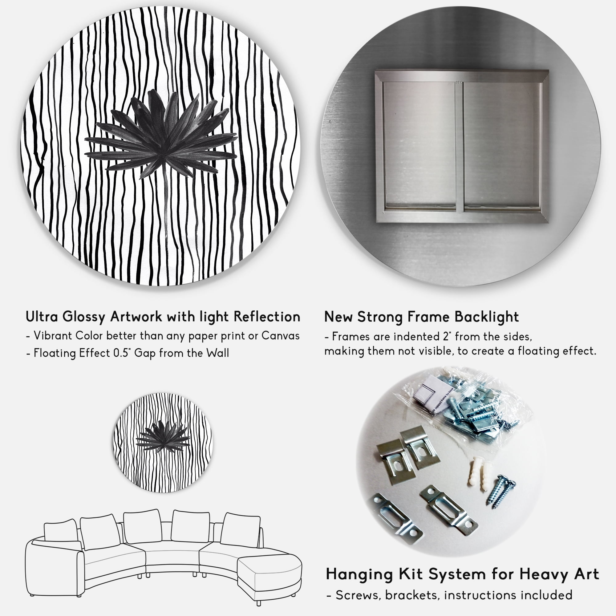 Designart 'Black and White Striped Under Tropical Leaf III' Modern Circle Metal Wall Art 11x11 - Disc of 11