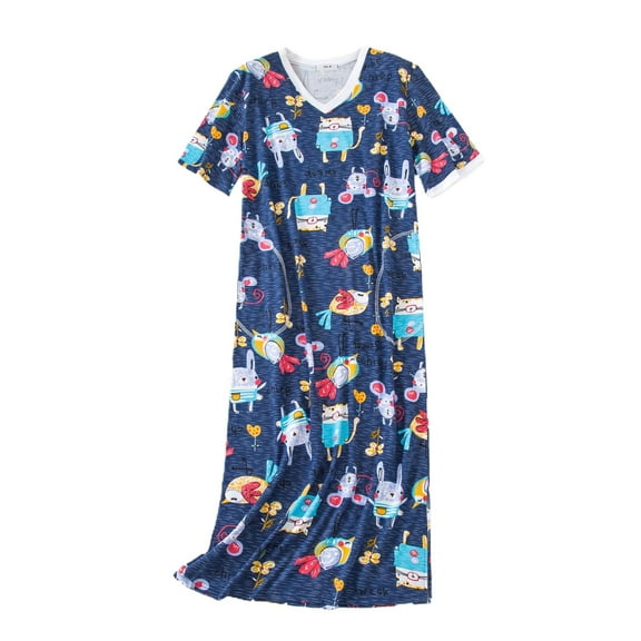 Defitshape Women's Cotton Nightgown Cute Printed Short Sleeve Sleep Dress Soft Lightweight Long V Neck Pocket Summer Sleepwear Navy Large