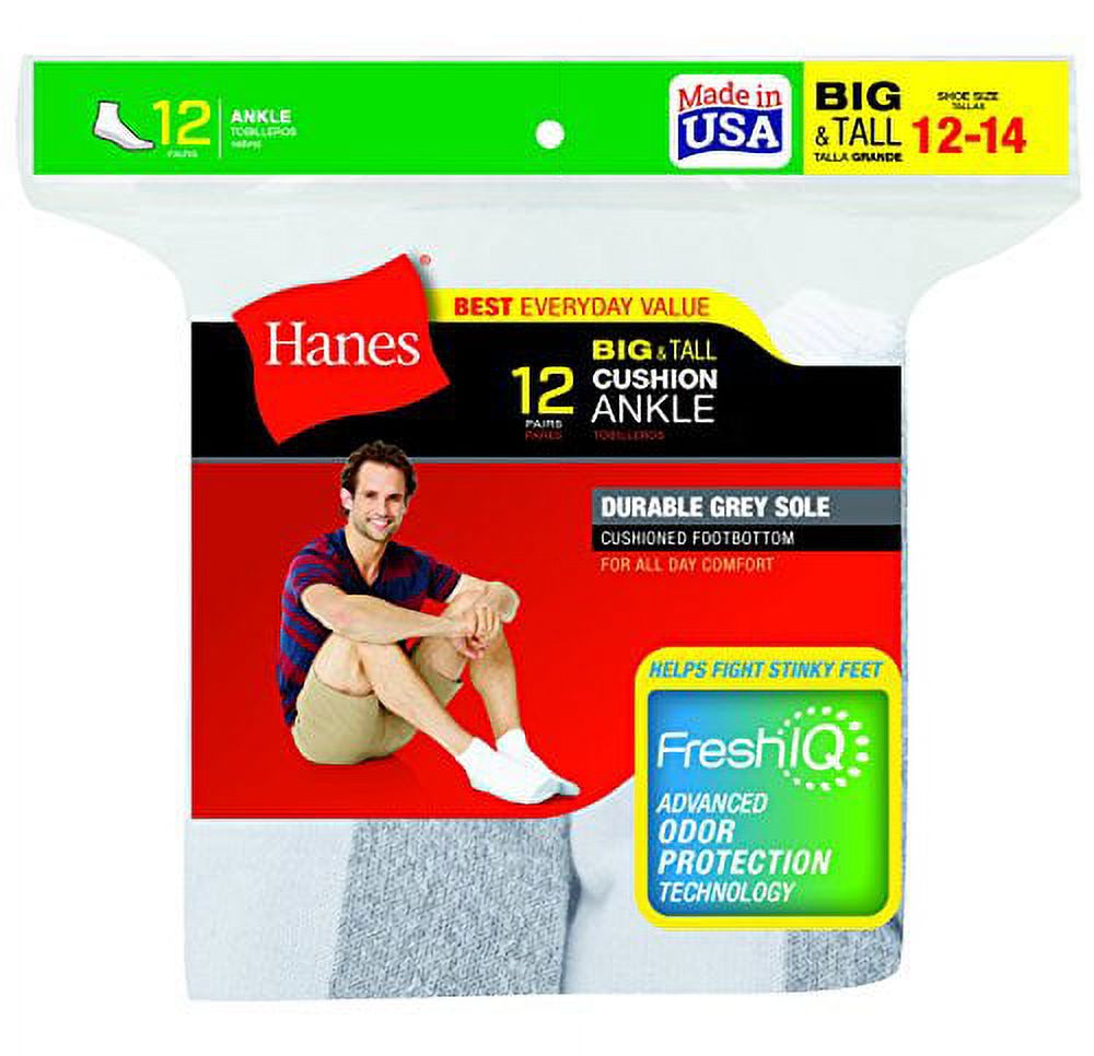 Hanes Men's FreshIQ Ankle Socks, 12-Pack, White, Shoe Size: 12-14