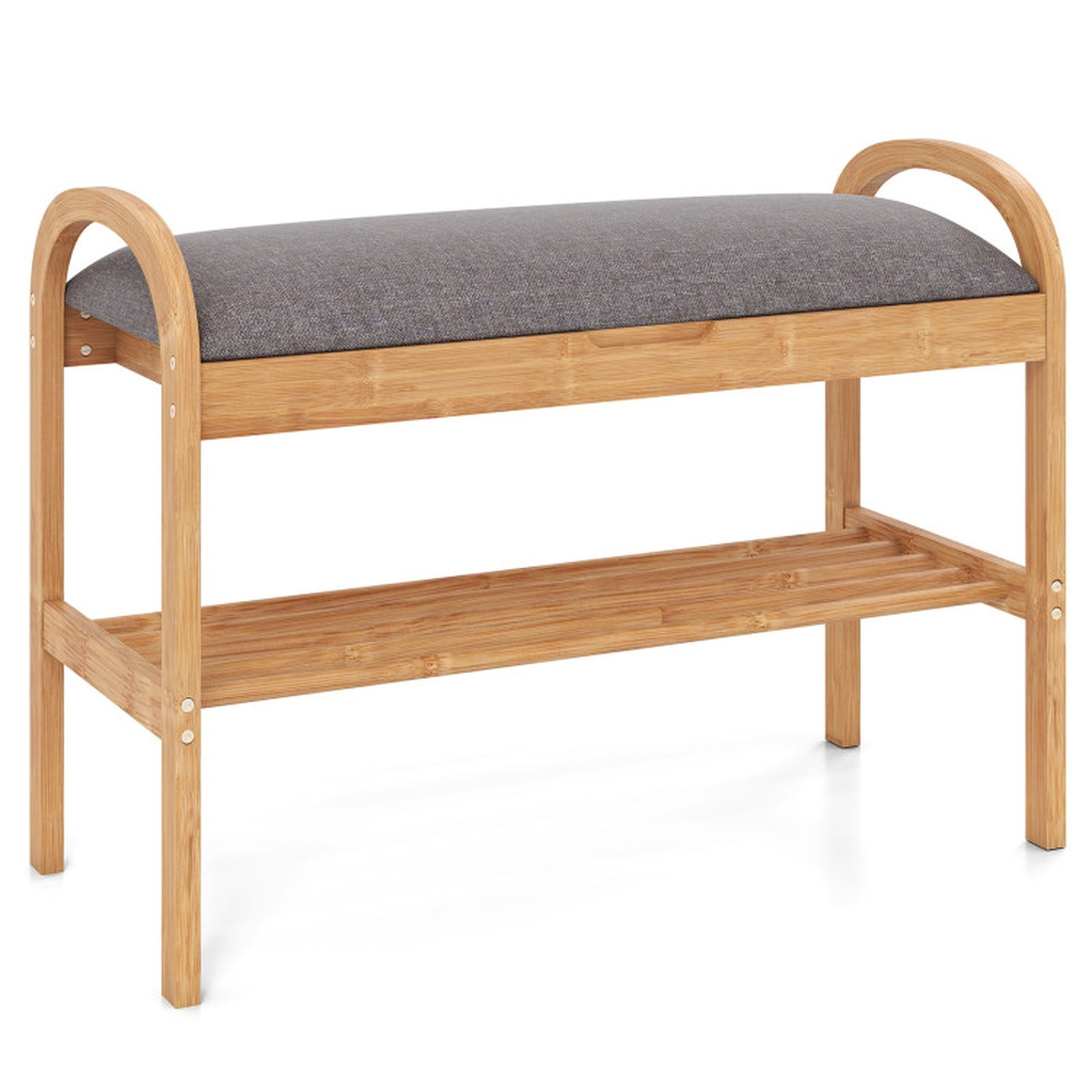 Furnibear 2 Tier Bamboo Shoe Bench with Hidden Storage Compartment and Padded Cushion for Entryway Shoe Storage Seating, Gray