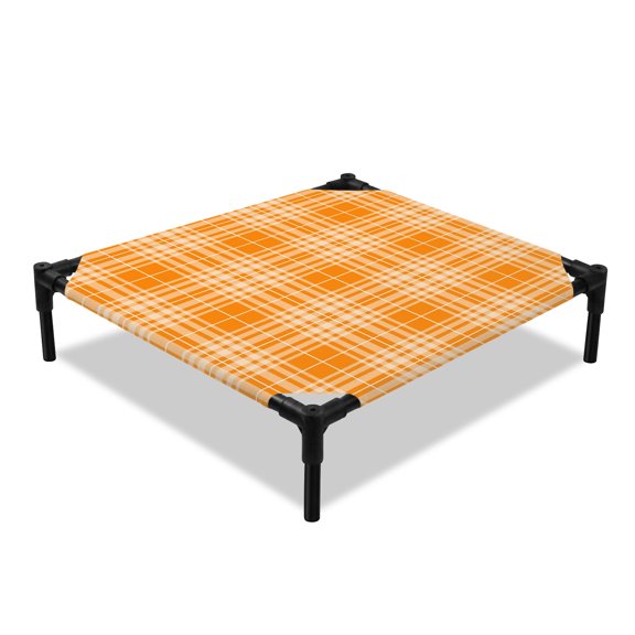 Plaid Elevated Dog Bed, Rustic Minimalist Gingham Amber Orange Check Cooling Breathable Outdoor Raised Dog Cot Bed with Metal Frame Non-Slip Feet for Small Dog 20x20in