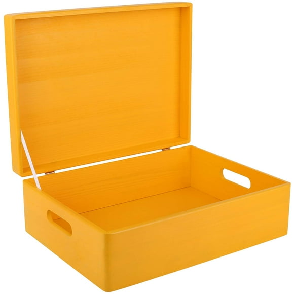 Creative Deco TG Boîte de Rangement en Bois Jaune avec Couvercle à Charnière / 15.8 x 11.8 x 5.5 Pouces (+-0.5) / avec Poignées / Boîte Cadeau pour Outils Jouets Chaussures Vêtements Cuisine Rangement Documents / Coffre à Souvenirs en Bois