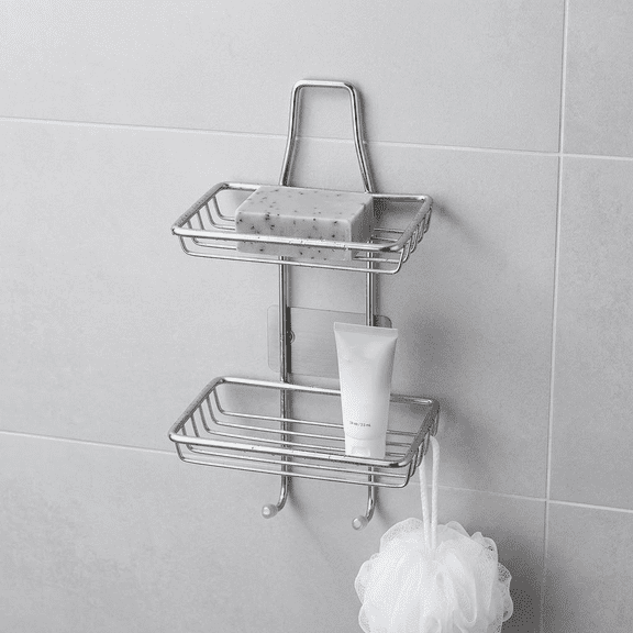 Stainless Steel Soap Rack Wall Mounted - No Drilling Adhesive Soap Dish Holder for Shower - Bathroom Storage Organizer for Soap, Shampoo, Sponge - Rustproof Shelf with Hook for Kitchen or Bath