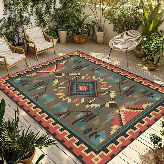 Fsddascl Vintage Southwest Outdoor Rug for Patio/Deck/Porch, Non-Slip Large Area Rug 6 x 9 Ft, Ethnic Modern Geometric Indoor Outdoor Rugs Washable Area Rugs, Reversible Camping Rug Carpet Runner