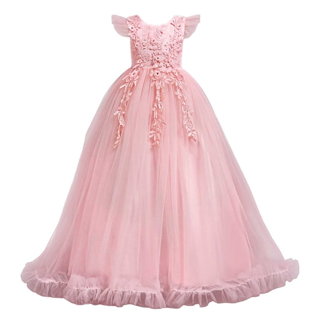 Miluxas Robe de Princesse pour Filles Robe Formelle pour Enfants Robe de Bal Concours Mariage Fête Robes pour Filles Rose 5-6 Ans