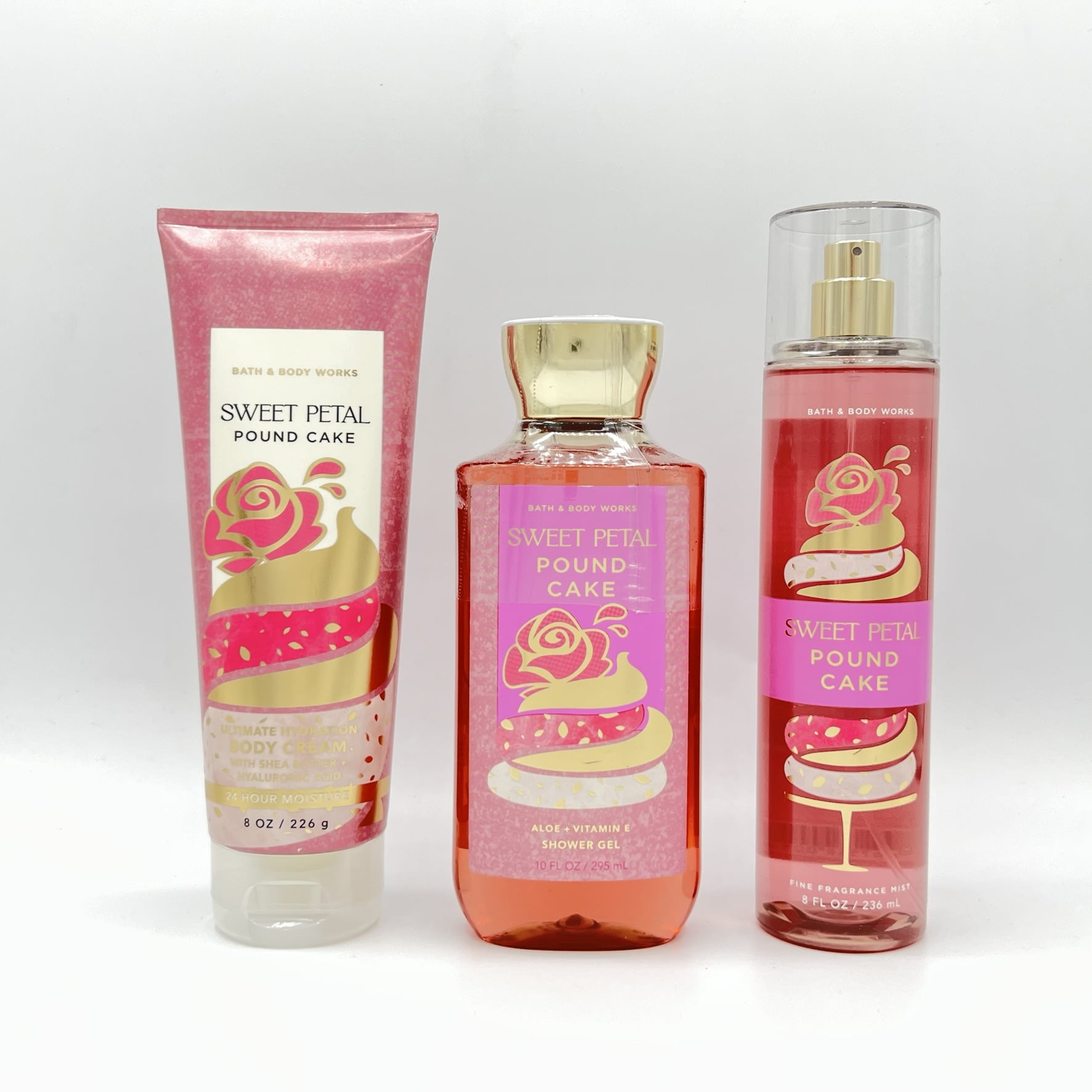 Bath & Body Works Sweet Petal Pound Cake Body Cream, Shower Gel and