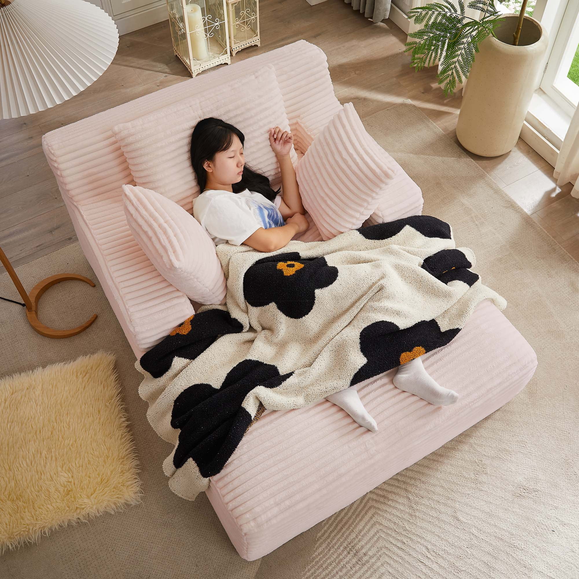 Miniyam Pink Oversized Chaise Lounge Chair Indoor, Corduroy Upholstered Modern Sofa Couch,No Assembly Required,Comfy Sleeper Sofa for Living Room,Office