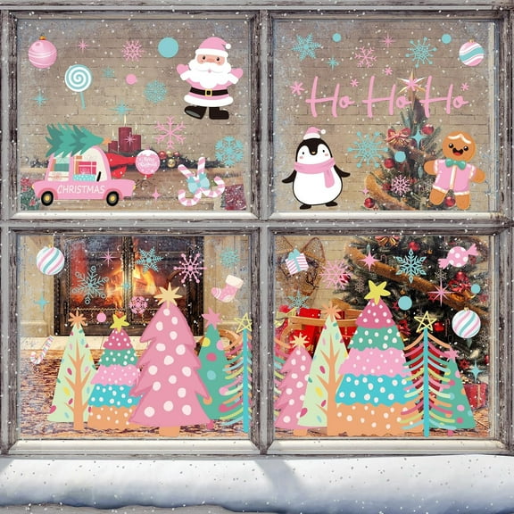 6 Sheets Pink-Green Window Clings, Xmas Tree Snowflake Santa Reindeer Decals, Reusable Holiday Home Glass Decorations