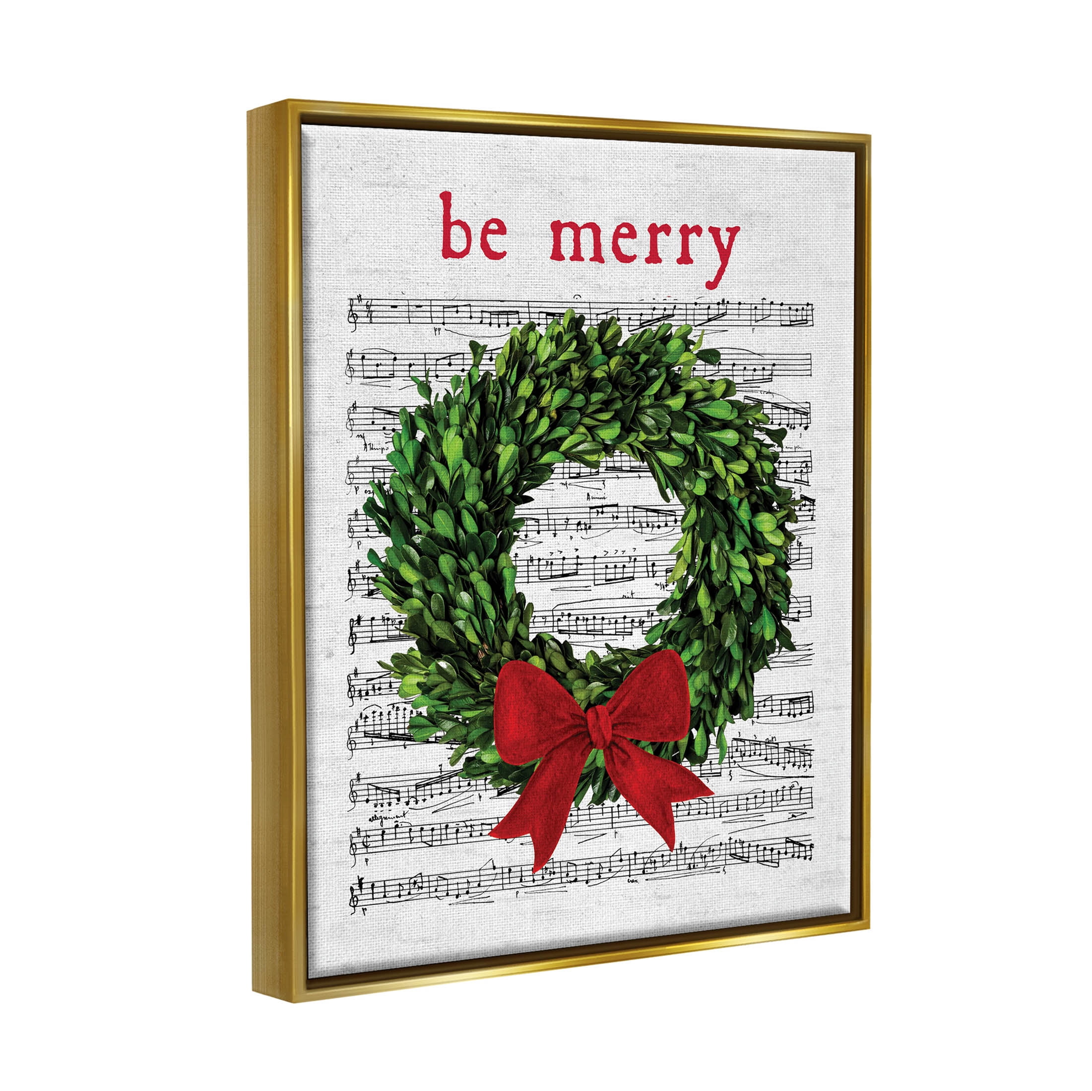 Stupell Industries Be Merry Holiday Music Wreath Graphic Art Metallic Gold Floating Framed Canvas Print Wall Art, Design by Lettered and Lined