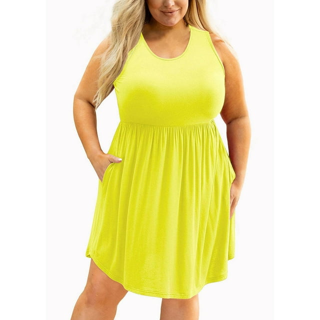 Robe Sans Manches pour Femme Grande Taille, Robe Décontractée en Coton avec Poches, Robe d'Été Trapèze Unie, Robe Soleil à Encolure Ronde Coupe Décontractée