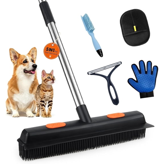 KISPATTI 5 in 1 Pet Hair Removal Tool Kit with Carpet Rake, Rubber Broom, Lint Remover and Grooming Gloves