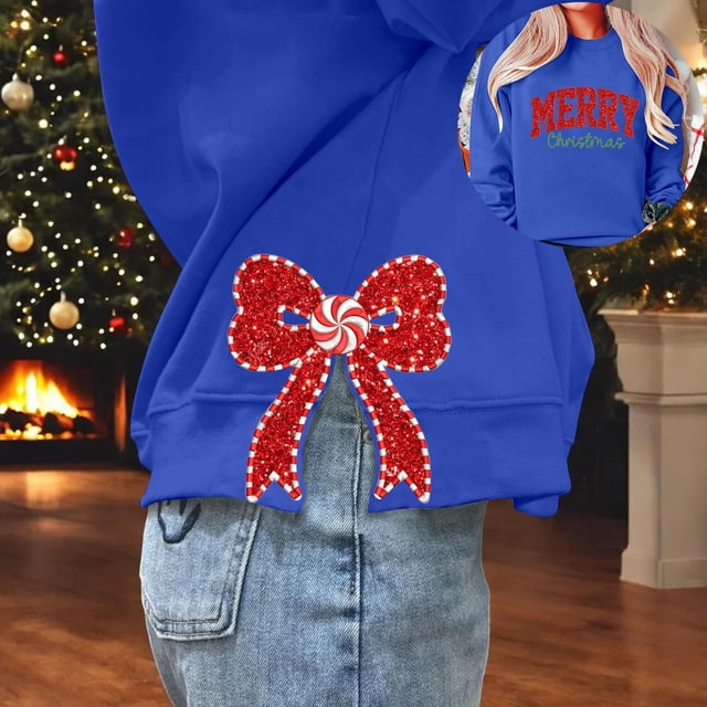 Chandails en Molleton de Noël pour Femmes avec Nœud Latéral Appliqué Chandail en Molleton Oversize Chandails en Molleton Col Rond Manches Longues Chandail Top Chandail en Molleton Sans Capuche pour Femmes