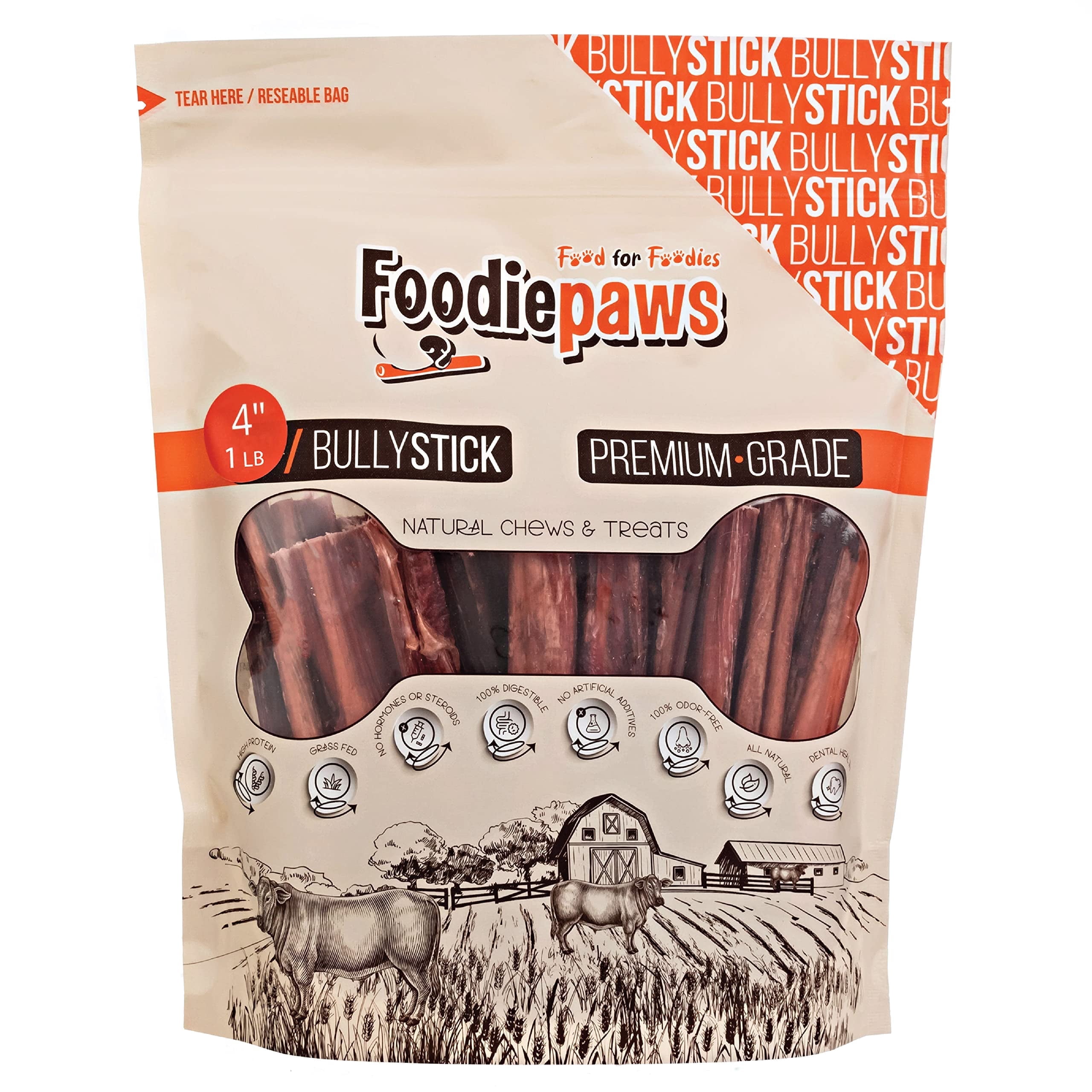 Foodiepaws All Natural 4-inch Bully Sticks Odor free USA Packed for Small, Medium Dogs-100% Free-Range Grass-Fed Beef–Single Ingredient Grain & Rawhide Free-Longer Lasting Dental Dog Chews (1lb)