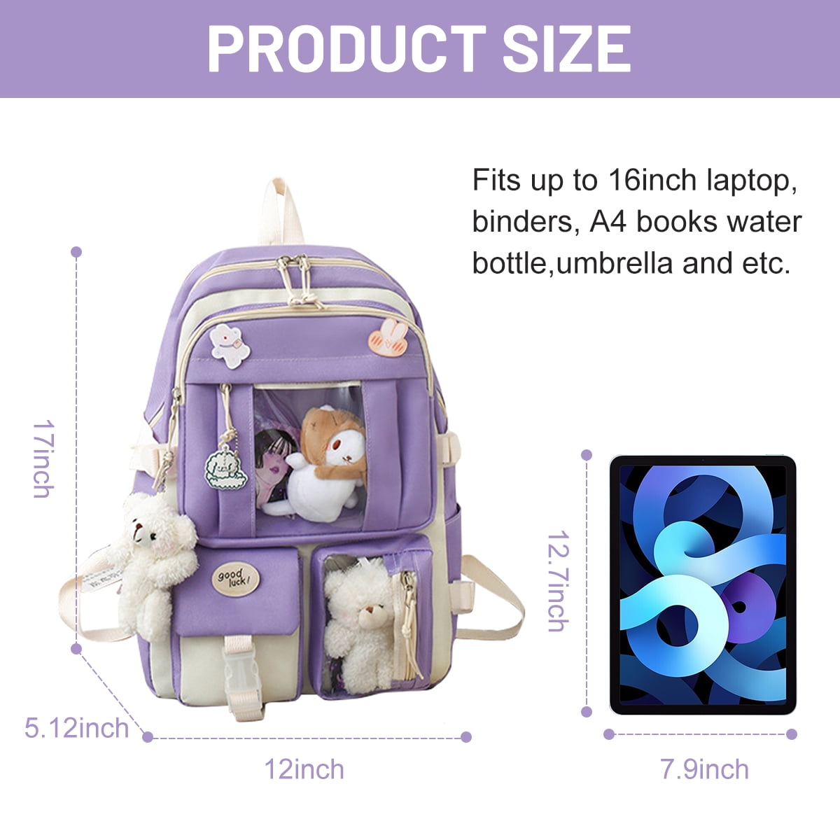 Sanmadrola 5PCS School Backpacks Cute Plush Bear Backpack Set with Pendants and Pins Accessories Kawaii Laptop Bag School Bags, Purple