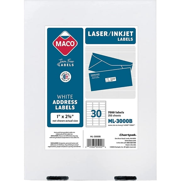 Maco ML-3000B White 2-5/8 x 1 inch Laser / Inkjet All-Purpose Printer Labels, 7500 Per Box - Case of 2 Boxes (15,000 Labels)