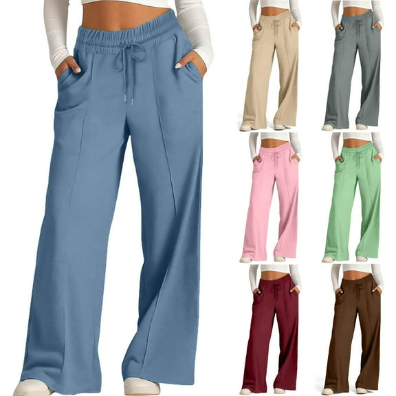 Swuxness Women Casual Wide Leg Pants, Womens Fall Long Pants, Women Solid Color Relaxed Fitted Wide Leg Straight Leg Casual Comfortable Pants with Pockets Blue, L