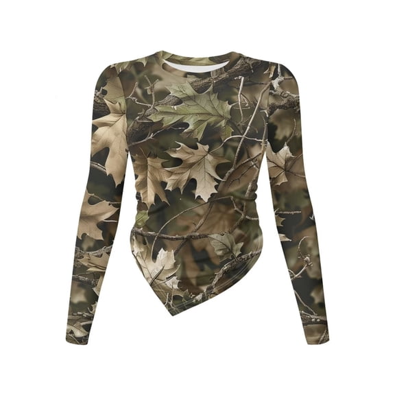 Xoenoiee Hunting Camo Print Women's Long Sleeve T Shirts Crew Neck Slim Fit Tops Dressy Ruched Basic Tee Y2k Going Out Shirts Irregular Hem Blouser, S