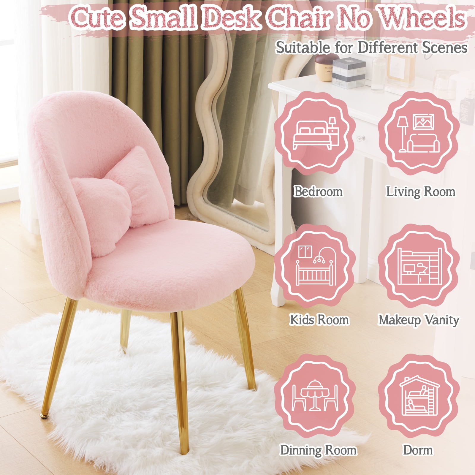 Zimtown Vanity Makeup Chair Armless Home Office Chair for Bedroom or Study Faux Rabbit Fur, Pink