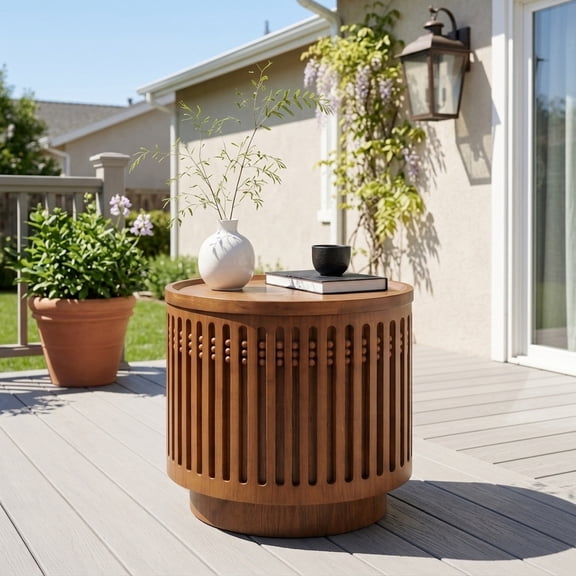 Round Wooden Side Table with Hidden Storage - Boho Accent Table