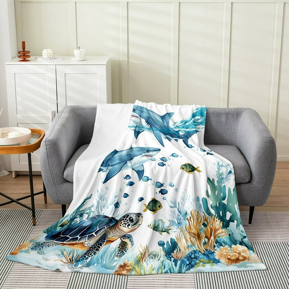 Erosebridal Cartoon Sea Turtle Sherpa Blanket, Sea Shark Fuzzy Blanket Throw, Cartoon Marine Decor