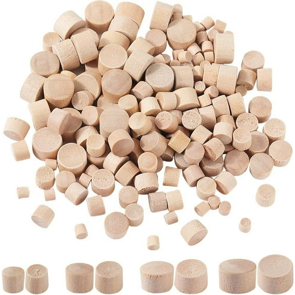 1 Box 200Pcs 4 Sizes Wood Screw Plugs Bulk Wooden Flat Round Head Caps Flush Type Snap Hole Covers Button Hardwood Plug for Furniture Woodworking Holes DIY Crafts Decoration