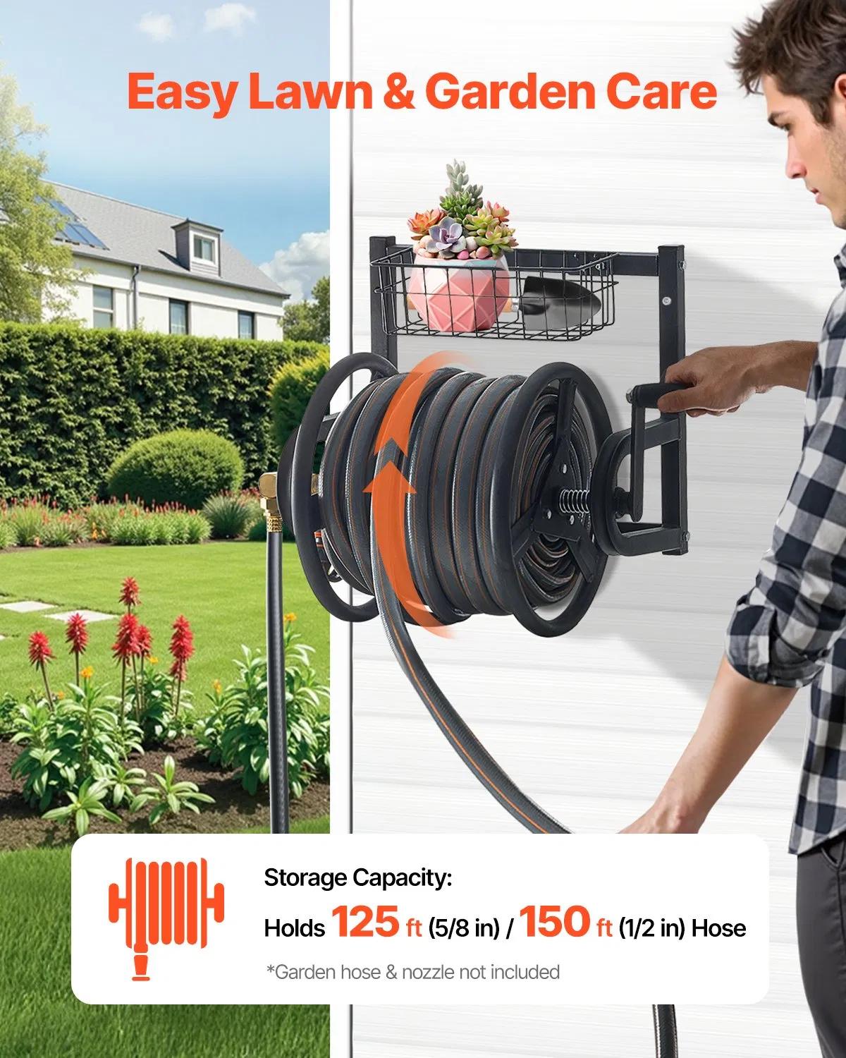 Wall Mounted Garden Hose Reel 125ft 5/8 in Hose Holder Brass Fitting & Basket