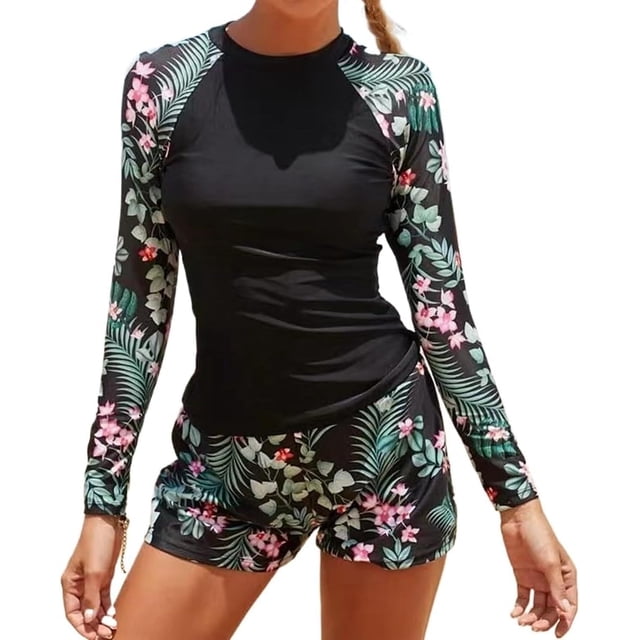 Owntop Women Rash Guard | Long Sleeve Swimsuits Two-Piece with High Waist Boyshort Bottom | Sun Protection Swim Shirt