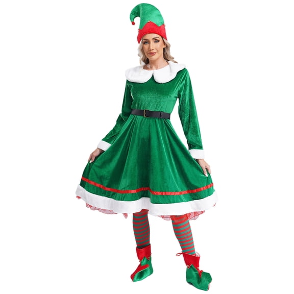 Moggemol Womens Christmas Elf Suit Long Sleeve Flannel Dress with 4Pcs Accessories Santa Helper Outfit Green XL